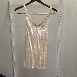 Express Gold Pleated V-Neck Slip Dress with Sequin Trim